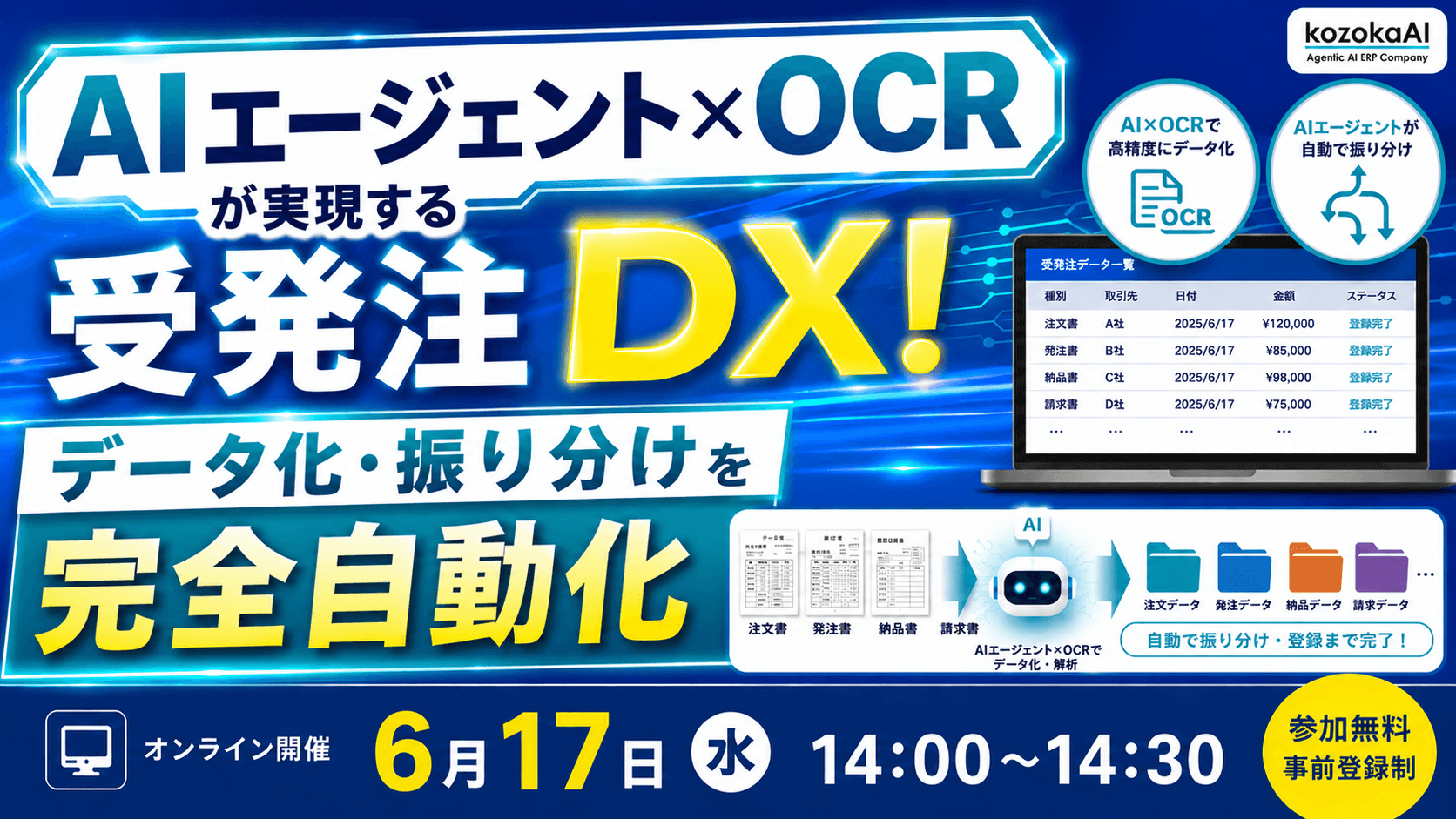 【セミナー】6月17日(水)開催。AIエージェント×OCRが実現する受発注DX!様々な帳票のデータ化・振り分けを完全自動化ウェビナー