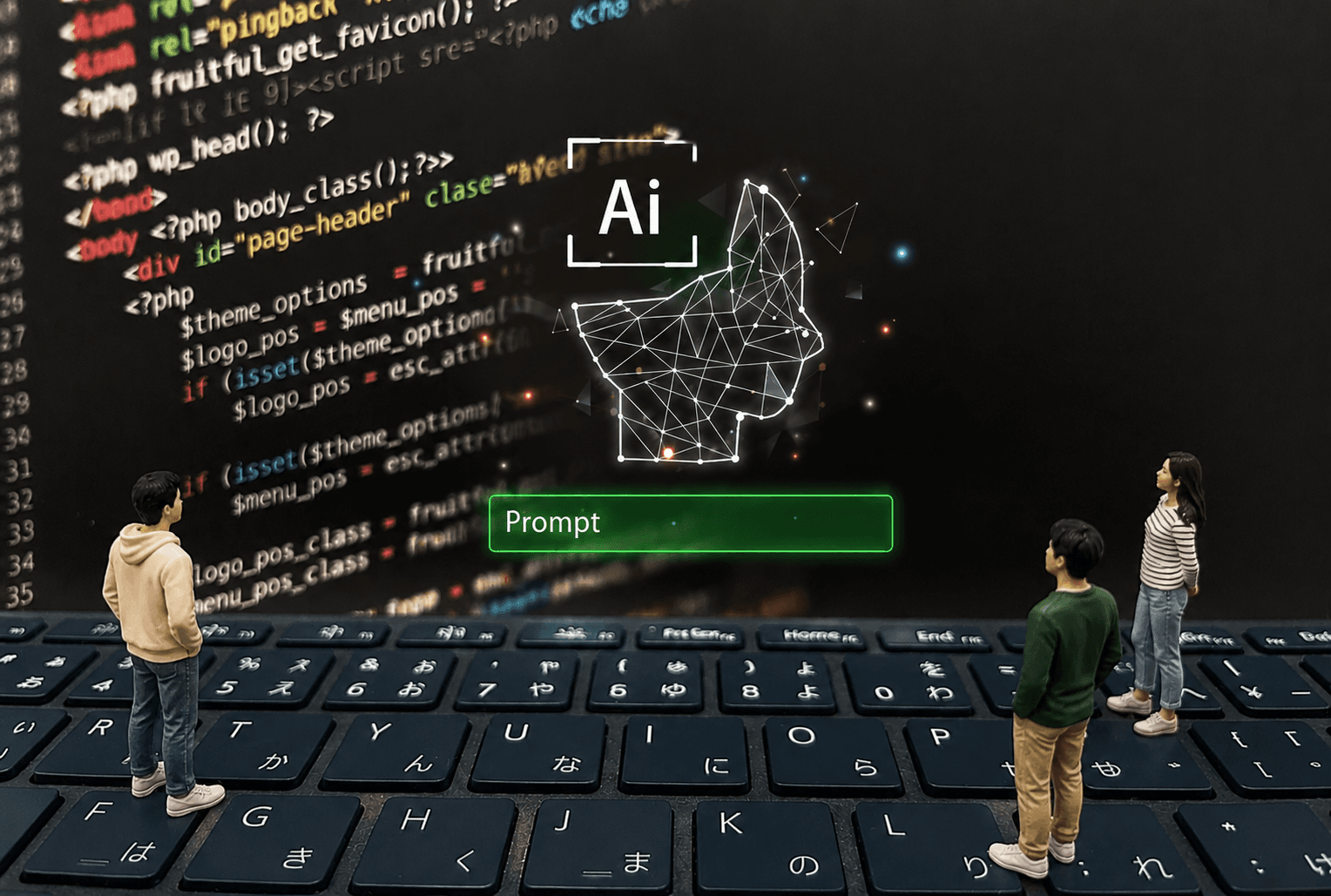 キーボードの上に立ち、AIが表示された画面を見上げる人々のミニチュア。人がシステムに合わせて操作する関係を象徴。