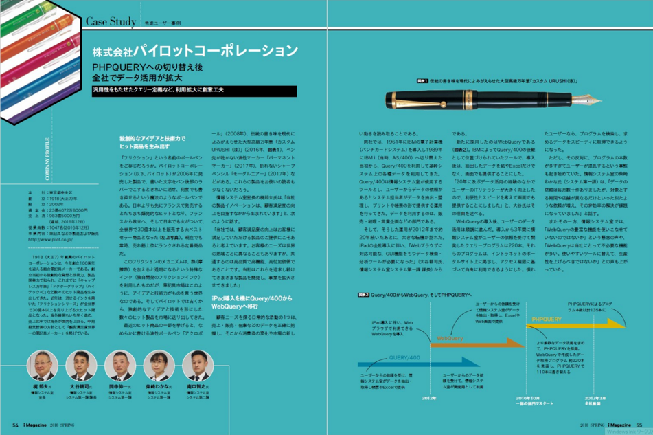 i Magazine 2018 Spring掲載、株式会社パイロットコーポレーションのPHPQUERY導入事例誌面